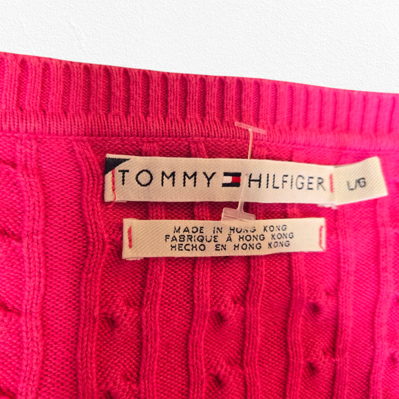 Y2K Tommy Hilfiger Hot Pink V Neck Heavy Cable Knit Pullover Sweater Size Large - Picture 3 of 9